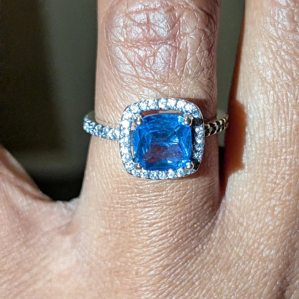 Blue Sapphire 925 Silver Halo Ring with Diamond Accents Sz 6